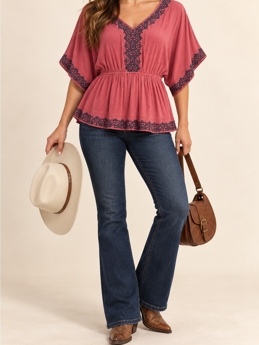 Shyanne Rose Pink Peasant Blouse with Navy Embroidery